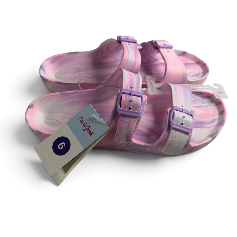 Cat & Jack Girls Purple Marble Tie Dye Double Strap Slide Sandals Size 6